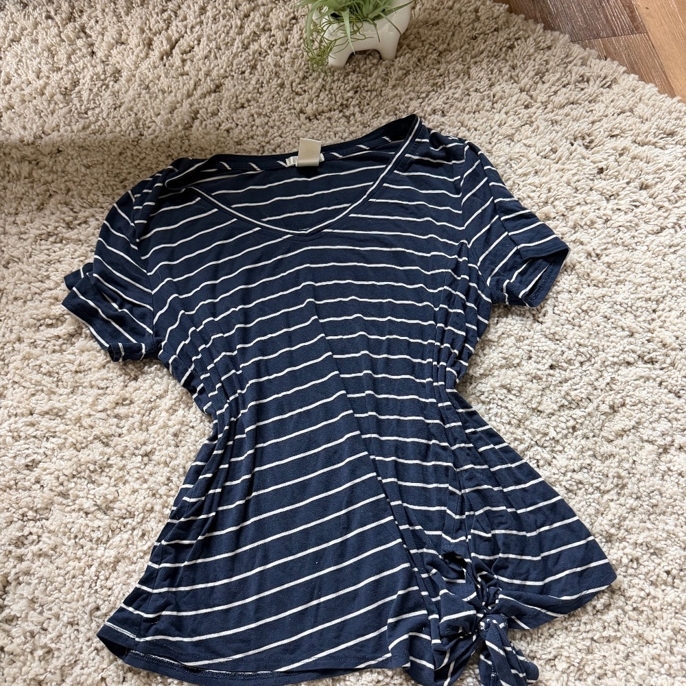 Stylish Matty M Navy and White Striped Short women’s spring Sleeve Tee tee with